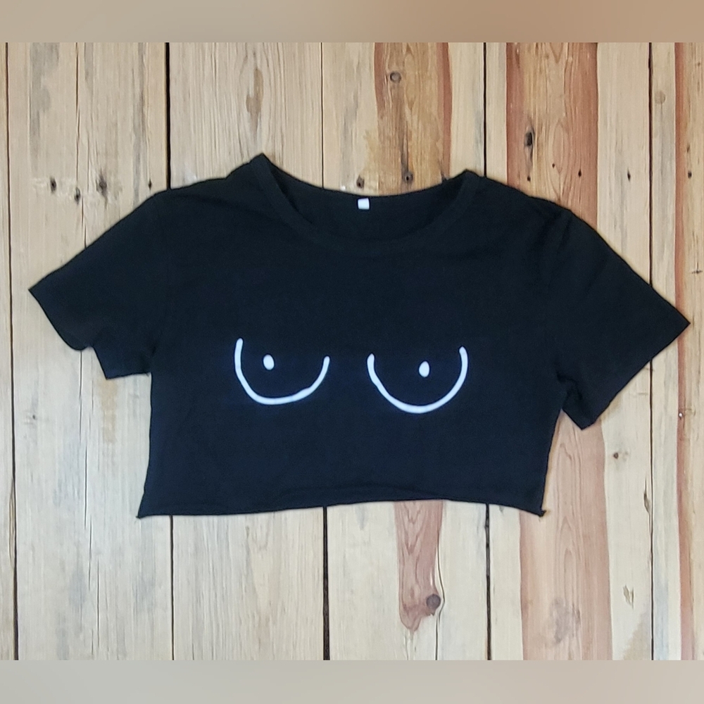 Boobs Graphic Black Tee Handcut Crop Top By Fashion Nova